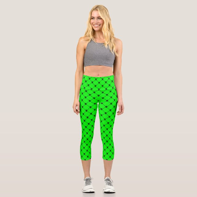 Leggings Capri huella cruzada de cráneo de halloween verde ácido (Anverso)