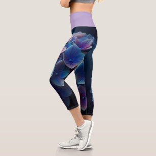 Leggings Capri Hydrangeas Floral Púrpura y Azul