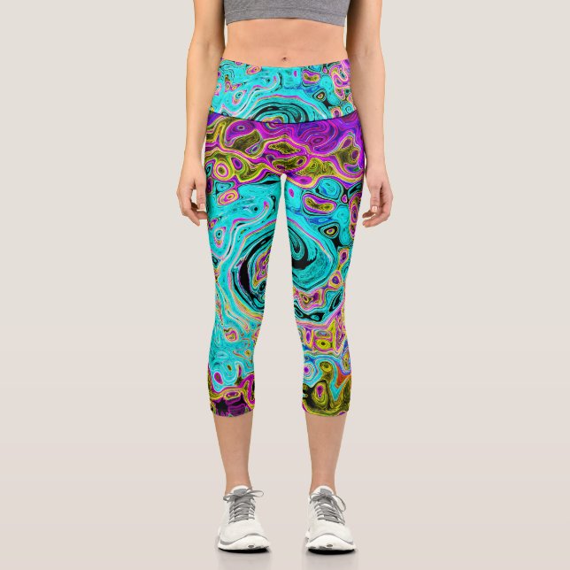 Leggings Capri Icy Aqua Blue Groovy Abstract Retro Liquid Swirl (Anverso)
