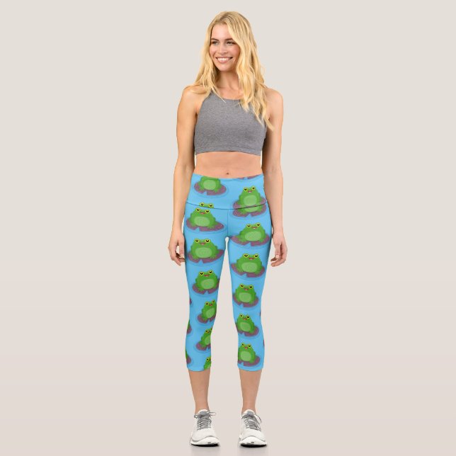 Leggings Capri Ilustracion de personalizado de rana verde alegre (Anverso)