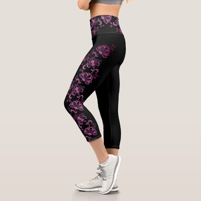 Leggings Capri Ilustracion floral rosa Capris de alto deseo (Izquierda)