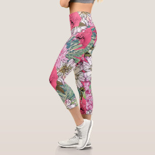 Leggings Capri Ilustracion floral verde y rosado