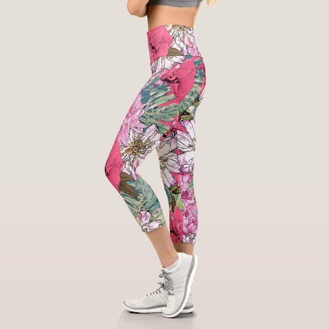 Leggings Capri Ilustracion floral verde y rosado (Izquierda)