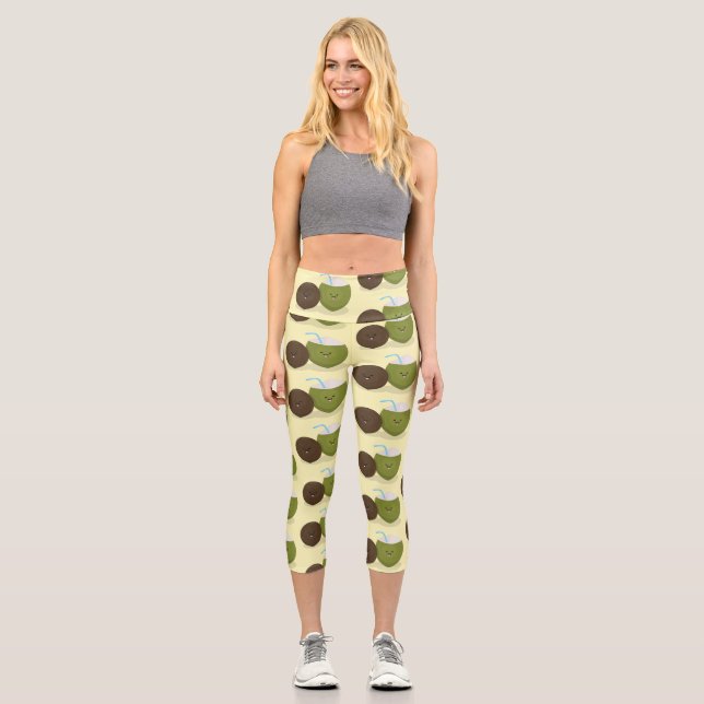 Leggings Capri Ilustracion personalizado de cocos kawaii alegres (Anverso)