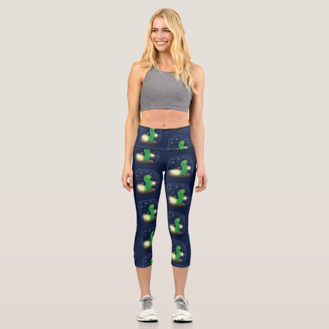Leggings Capri Ilustracion personalizado de gusano de brillo verd (Anverso)