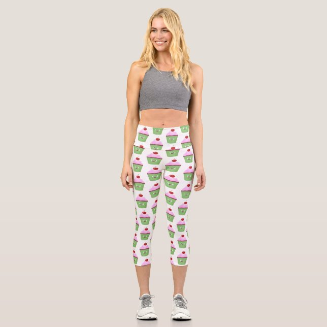 Leggings Capri Ilustracion personalizado de quequitos alegres (Anverso)
