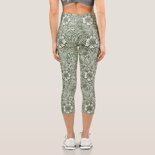 Leggings Capri Impresión artística floral verde caléndula de Will