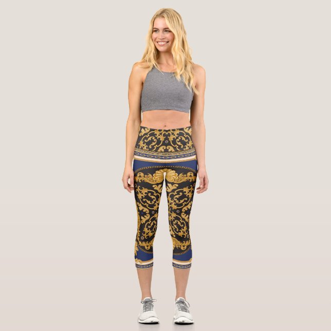 Leggings Capri Impresión de Bandana: Oro azul negro. (Anverso)