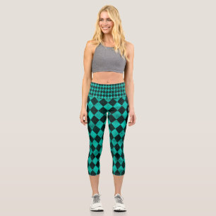 Leggings Capri Impresión de Harlequin verde azulado y negro