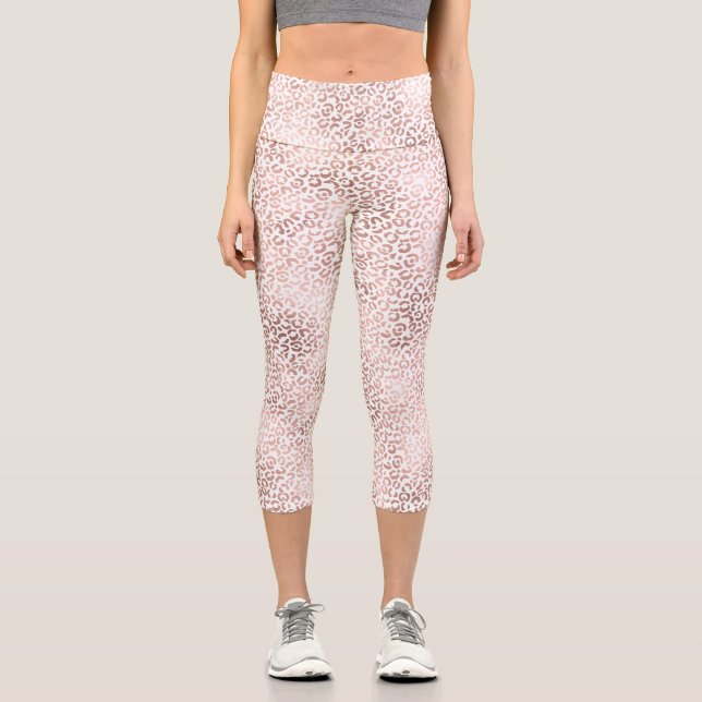 Leggings Capri Impresión de leopardo blanco de color rosado (Anverso)