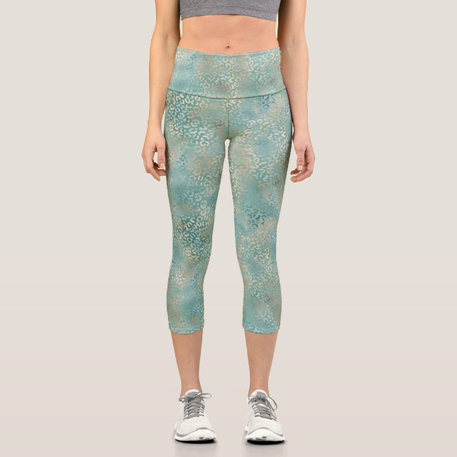 Leggings Capri Impresión de leopardo de oro verde azulado (Anverso)