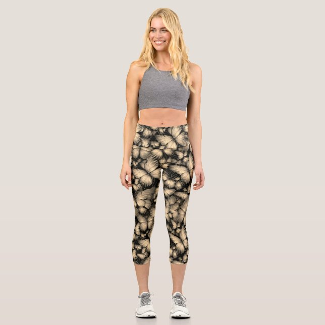 Leggings Capri Impresión de mariposas doradas (Anverso)