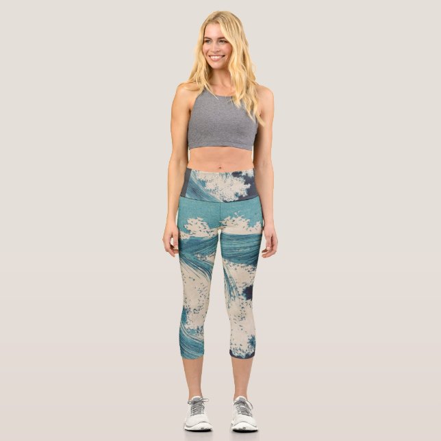 Leggings Capri Impresión de océanos de olas azules japonesas anti (Anverso)