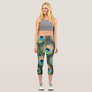 Leggings Capri Impresión de pluma de pavo real exótico vibrante