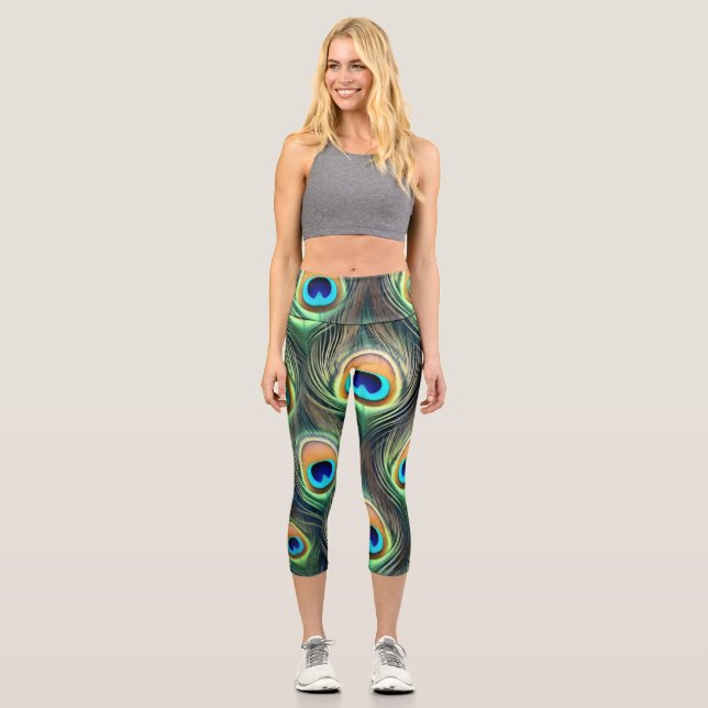Leggings Capri Impresión de pluma de pavo real exótico vibrante (Anverso)