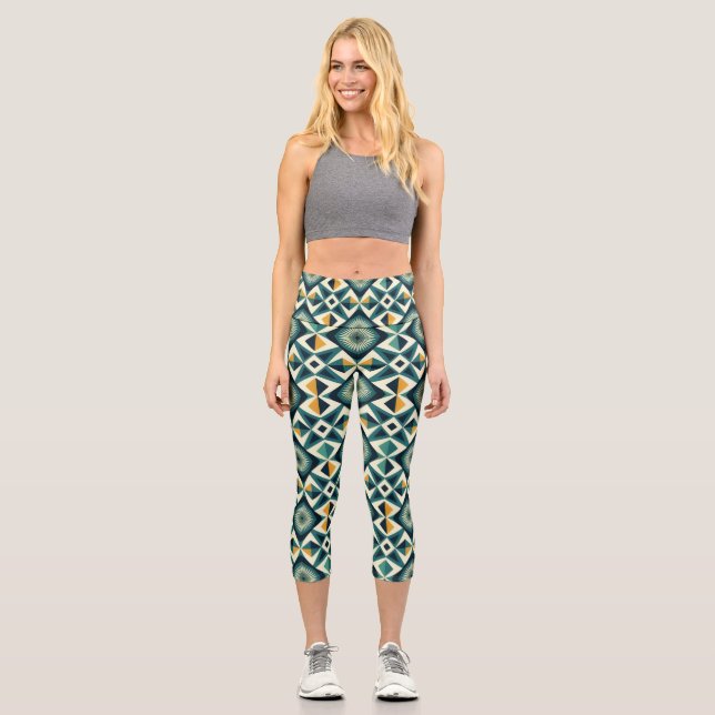 Leggings Capri Impresión de todo sobre mosaico geométrico retro (Anverso)
