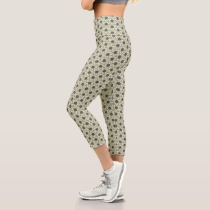 Leggings Capri Impresión en bloque Flores cubiertas verde crema a