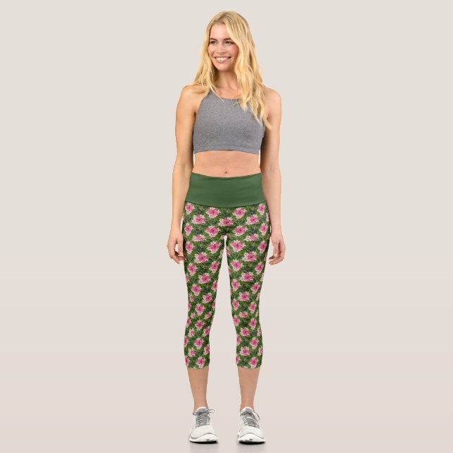 Leggings Capri Impresión floral rosa y verde femenina (Anverso)
