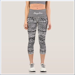 Leggings Capri Impresión tribal Boho en blanco y negro