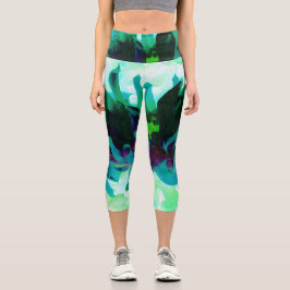 Leggings Capri Impresionante Cactus Dahlia de color turquesa y ne