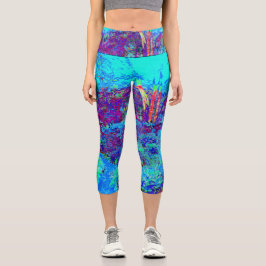 Leggings Capri Impresionante Psicodélico Paisaje del Jardín Azul