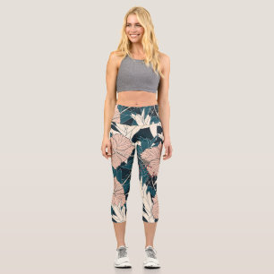 Leggings Capri Inhibisco rosa tropical, fondo oscuro