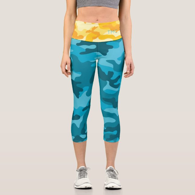 Leggings Capri Iniciales del Diseñador de Camo Amarillo Azul Bril (Anverso)