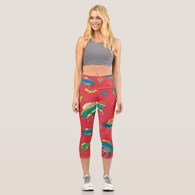 Leggings Capri Invasores espaciales de OVNI retro (Anverso)