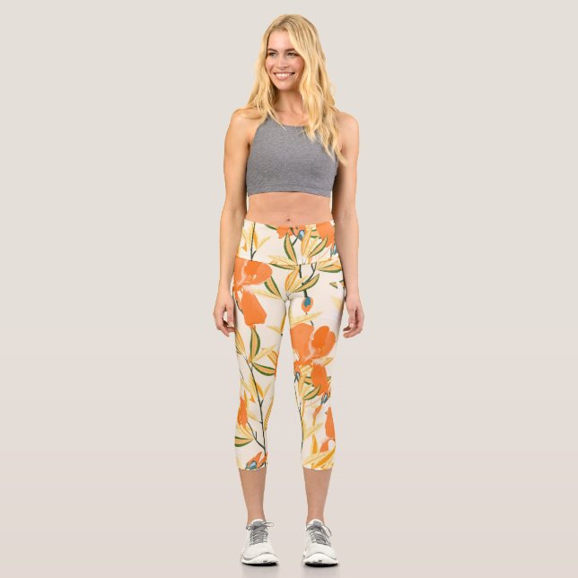 Leggings Capri irisis naranja: patrón floral sin fisuras (Anverso)