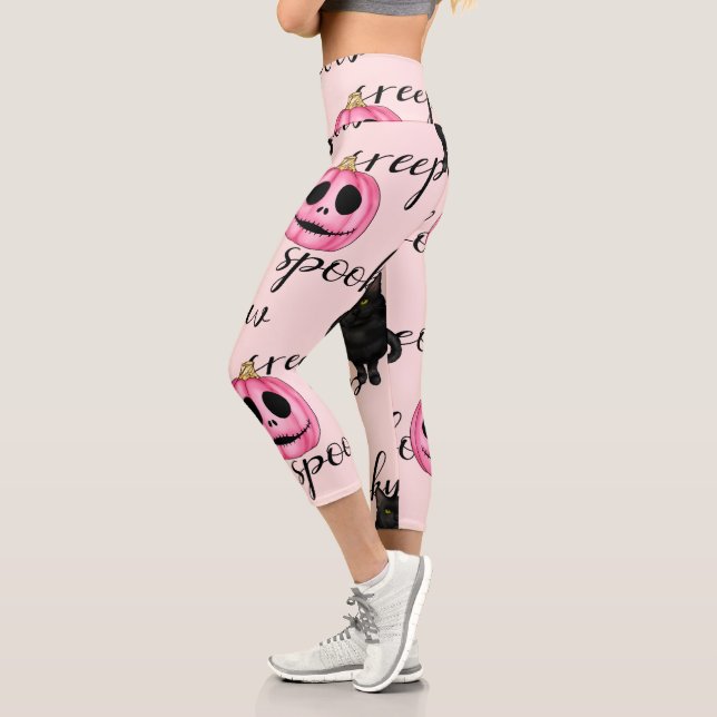 Leggings Capri Jack-O-Lantern rosa y gato negro (Izquierda)