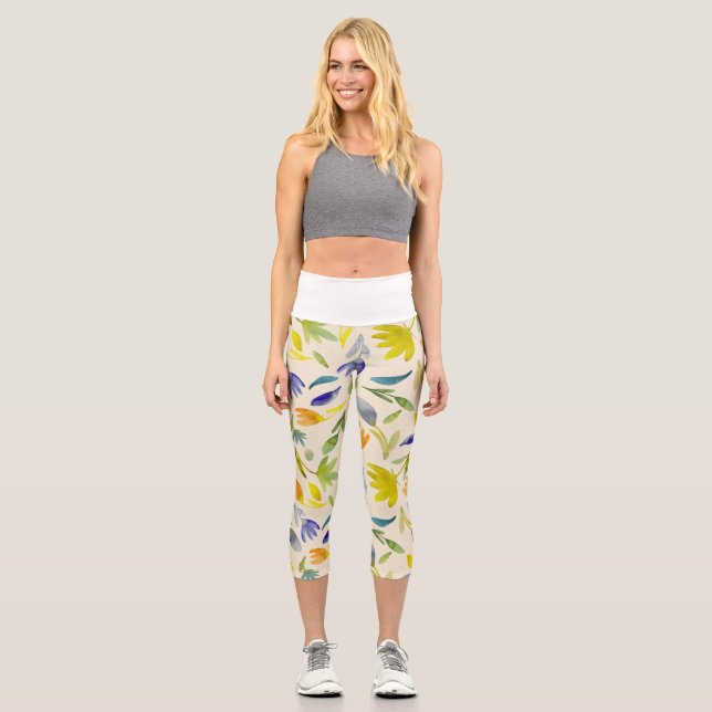 Leggings Capri Jardín de flores de acuarela rústica (Anverso)