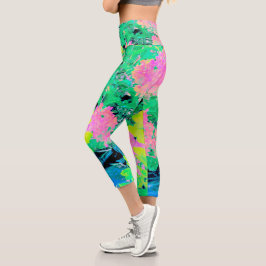 Leggings Capri Jardín de hidrangea rosada con oliva amarilla
