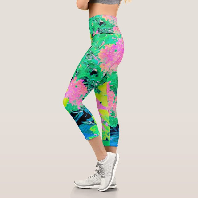 Leggings Capri Jardín de hidrangea rosada con oliva amarilla (Izquierda)