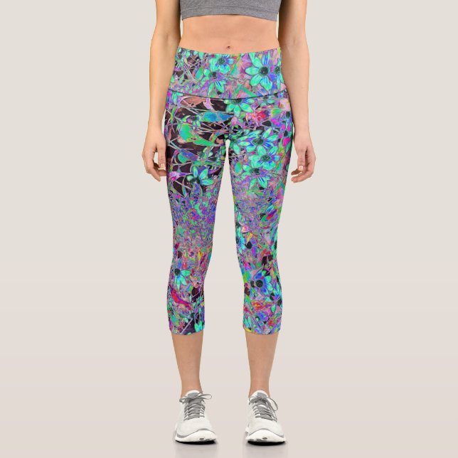 Leggings Capri Jardín púrpura con flores acuamarinas psicodélicas (Anverso)
