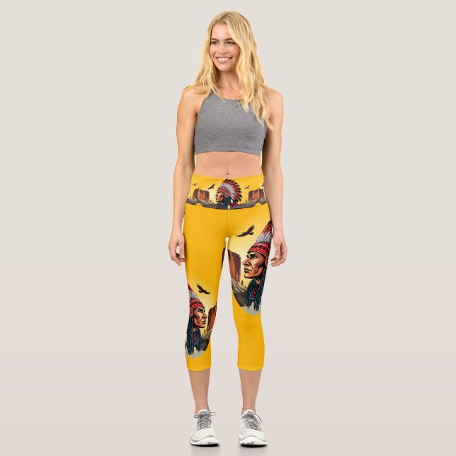 Leggings Capri Jefe nativo americano en el salvaje atardecer pais (Anverso)