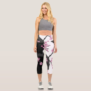 Leggings Capri Kimono japonés Sakura negro y rosa blanco