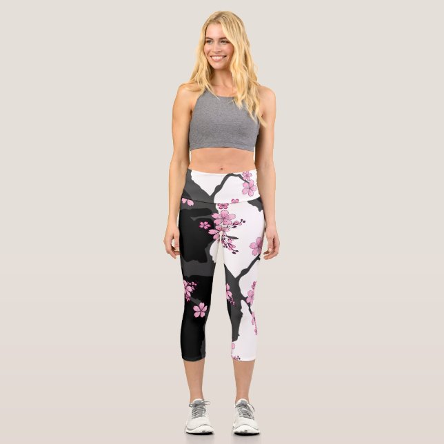 Leggings Capri Kimono japonés Sakura negro y rosa blanco (Anverso)