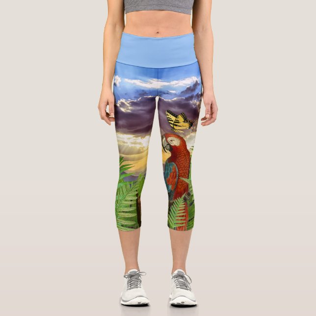 Leggings Capri La tormenta divertida Sky Parrot y la mariposa (Anverso)