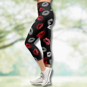 Leggings Capri Labios rojos con brillo plateado en negro para San