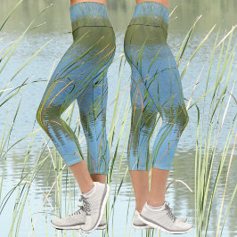 Leggings Capri Lago inspirado en Monet Cattails Azul y Verde
