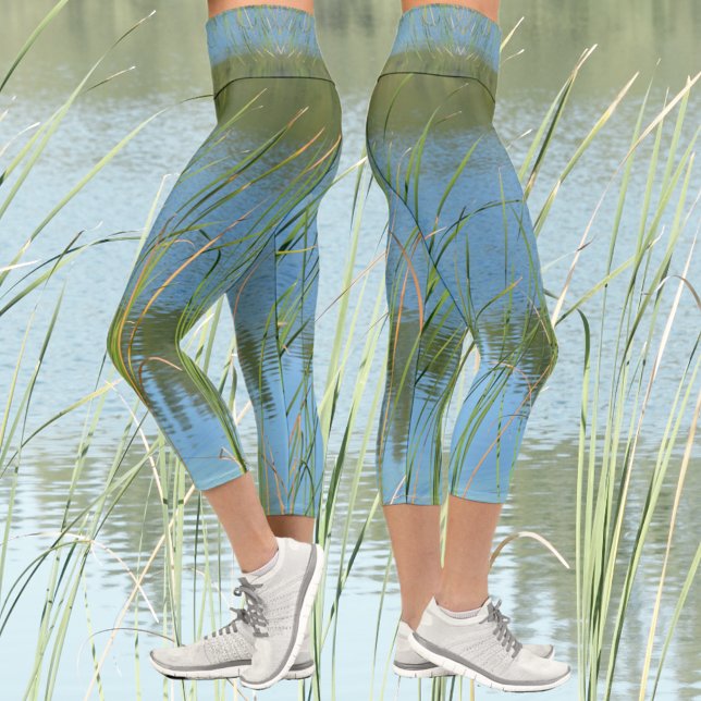 Leggings Capri Lago inspirado en Monet Cattails Azul y Verde (Subido por el creador)