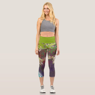 Leggings Capri Laguna de cal, células verdes, moradas y blancas