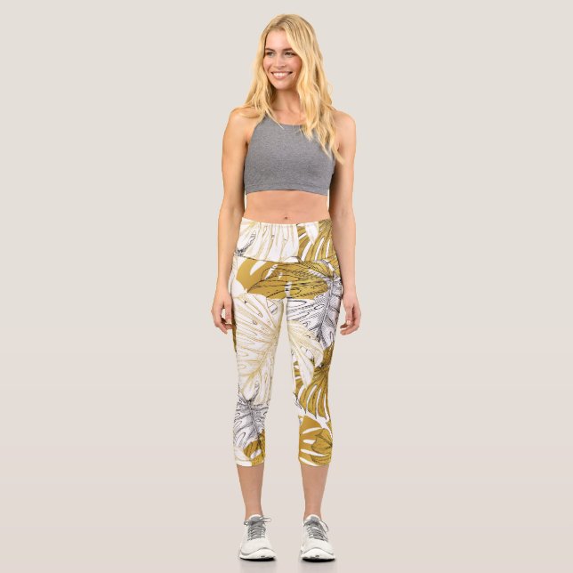 Leggings Capri Las hojas de Monstera: Blanco dorado (Anverso)