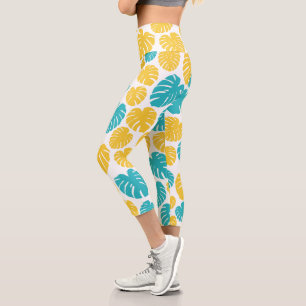 Leggings Capri Las hojas de Monstera en turquesa, amarilla y blan