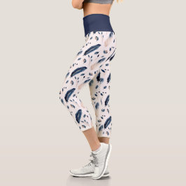 Leggings Capri Las plumas de color de agua boho y las hojas azul 