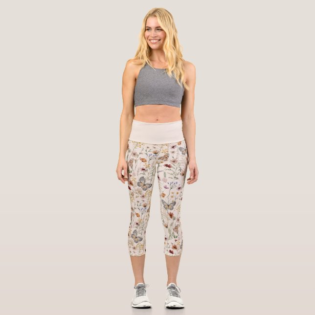 Leggings Capri Leggencias de acuarela floral (Anverso)