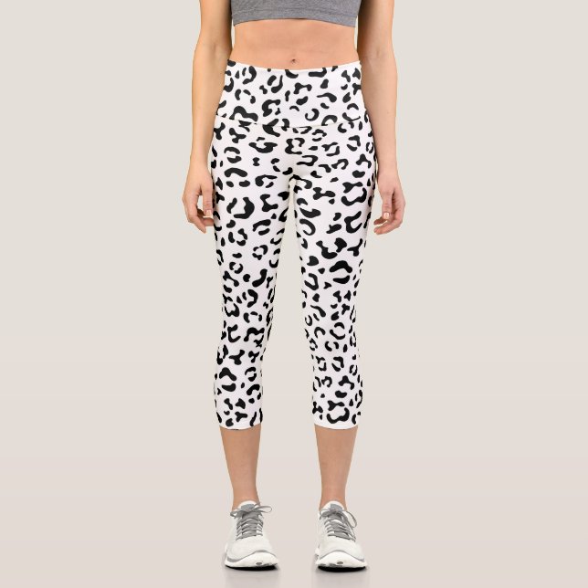 Leggings Capri Leopard Print, Leopard Spots, Negro Y Blanco (Anverso)