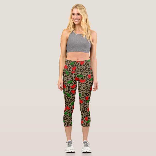 Leggings Capri leopardo de cerezo de forma cardíaca (Anverso)