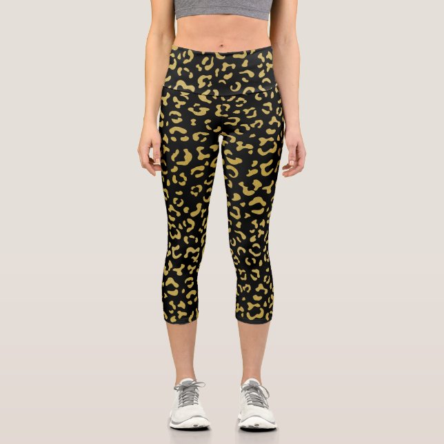 Leggings Capri Leopardo de oro, Purpurina de oro, patrón de leopa (Anverso)