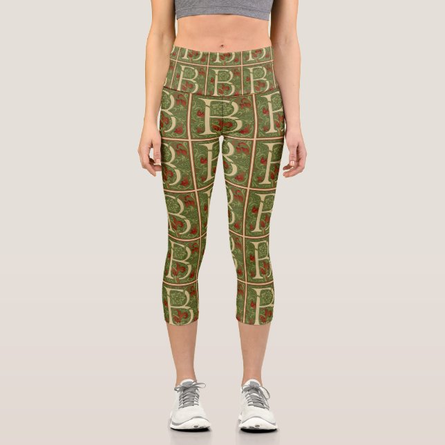 Leggings Capri Letra de monograma de William Morris B Floral Rojo (Anverso)